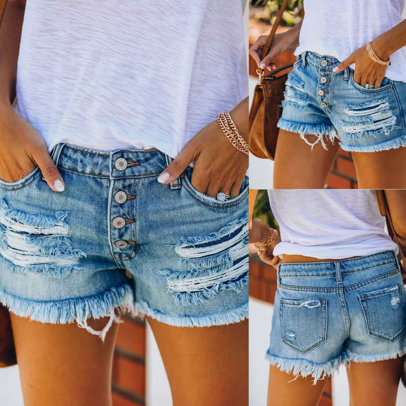 Fringed Denim Button Fly Shorts for Women (Hot Pants)