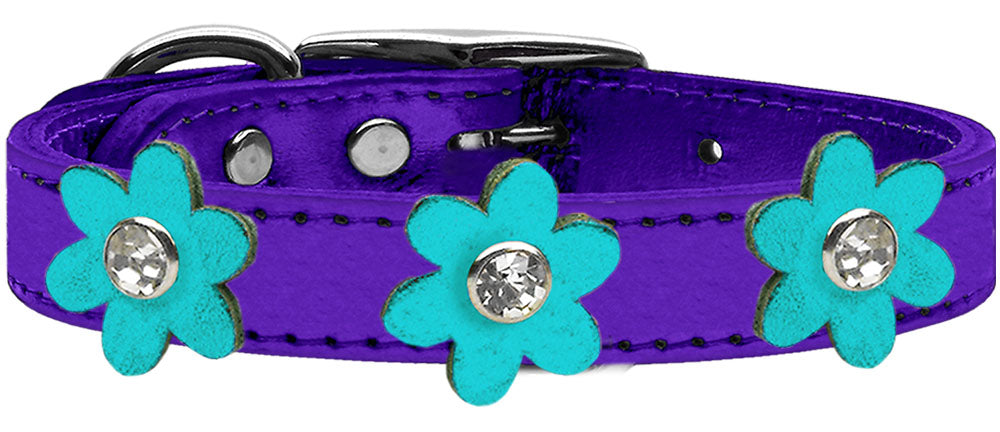 Metallic Flower Leather Collar, Metallic Purple with Metallic Turq