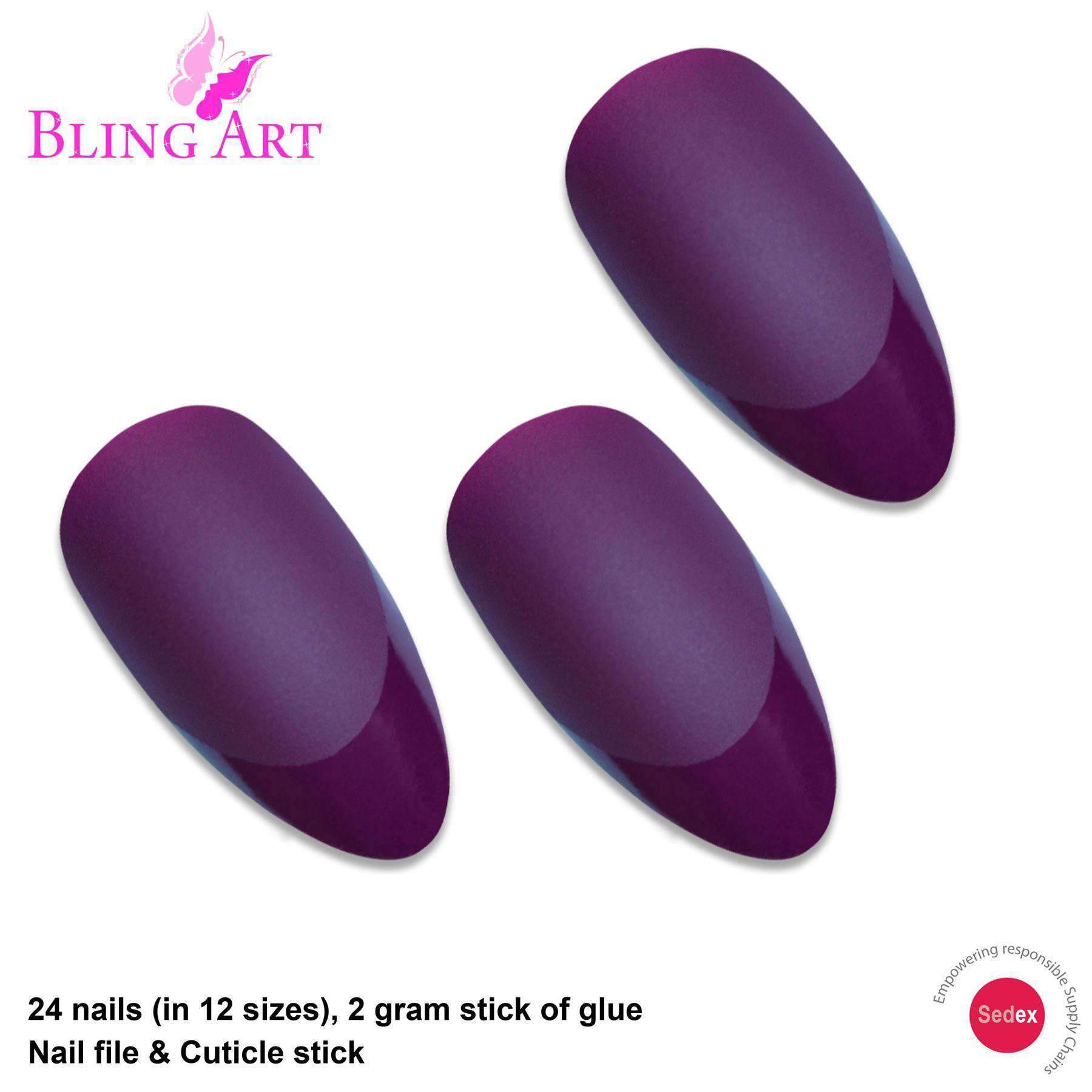 False Nails by Bling Art Purple Matte Almond Stiletto 24 Fake Long